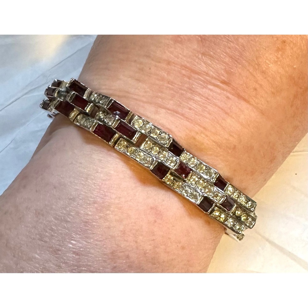 1950's Mazer Bracelet Silver Tone w/ Red & Clear Rhinestones